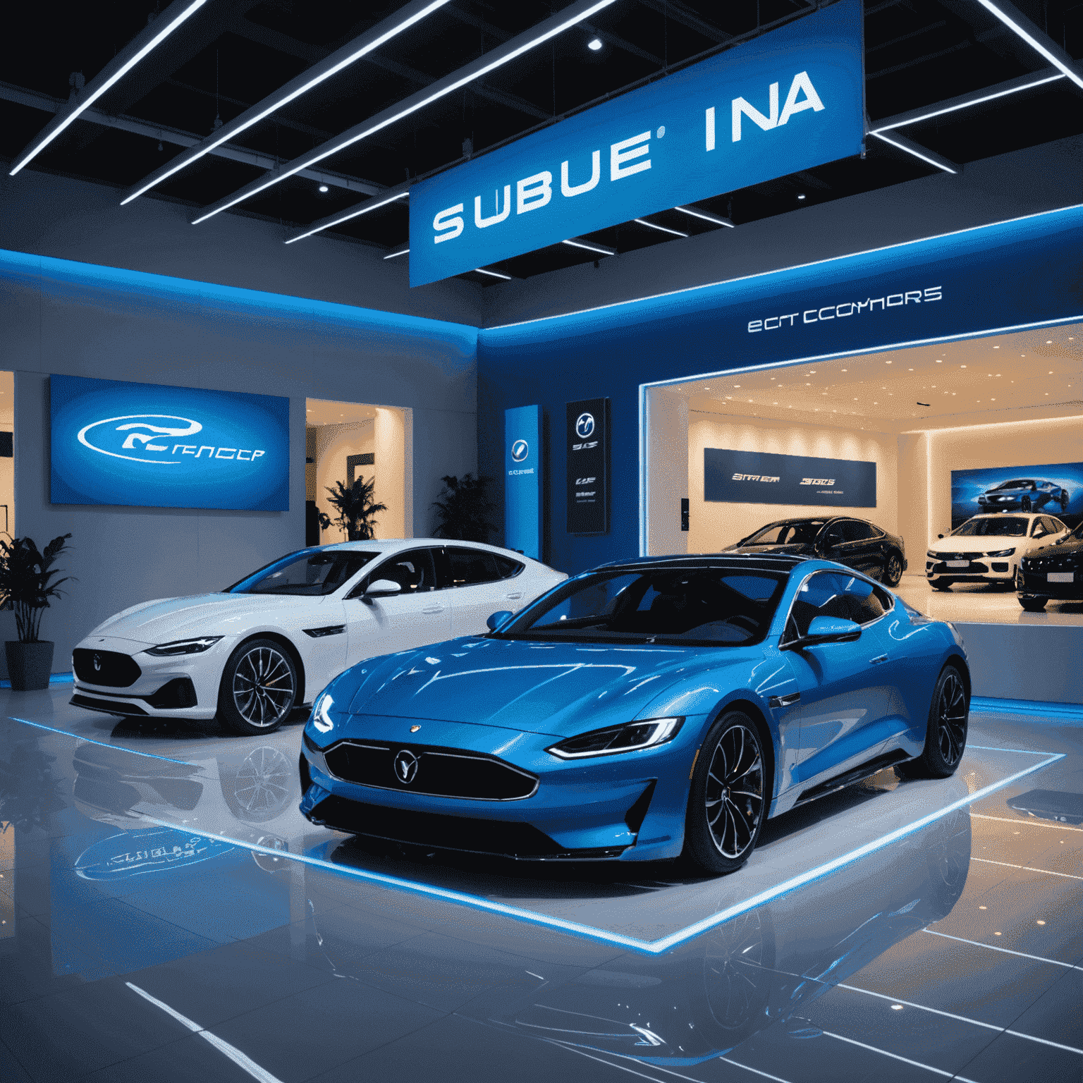 Een moderne auto showroom met verschillende luxe auto's en een grote 'Inruil' banner op de voorgrond, geaccentueerd met elektrisch blauwe verlichting